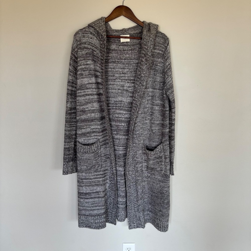Sienna Sky Womens Grey Space Dye Hooded Open Front Longline Cardigan Sweater L